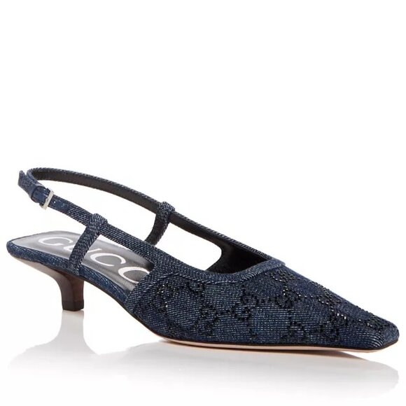Gucci Crystal GG Monogram Demi Slingback Pumps Kitten Heels Sandals Shoes - Picture 1 of 16